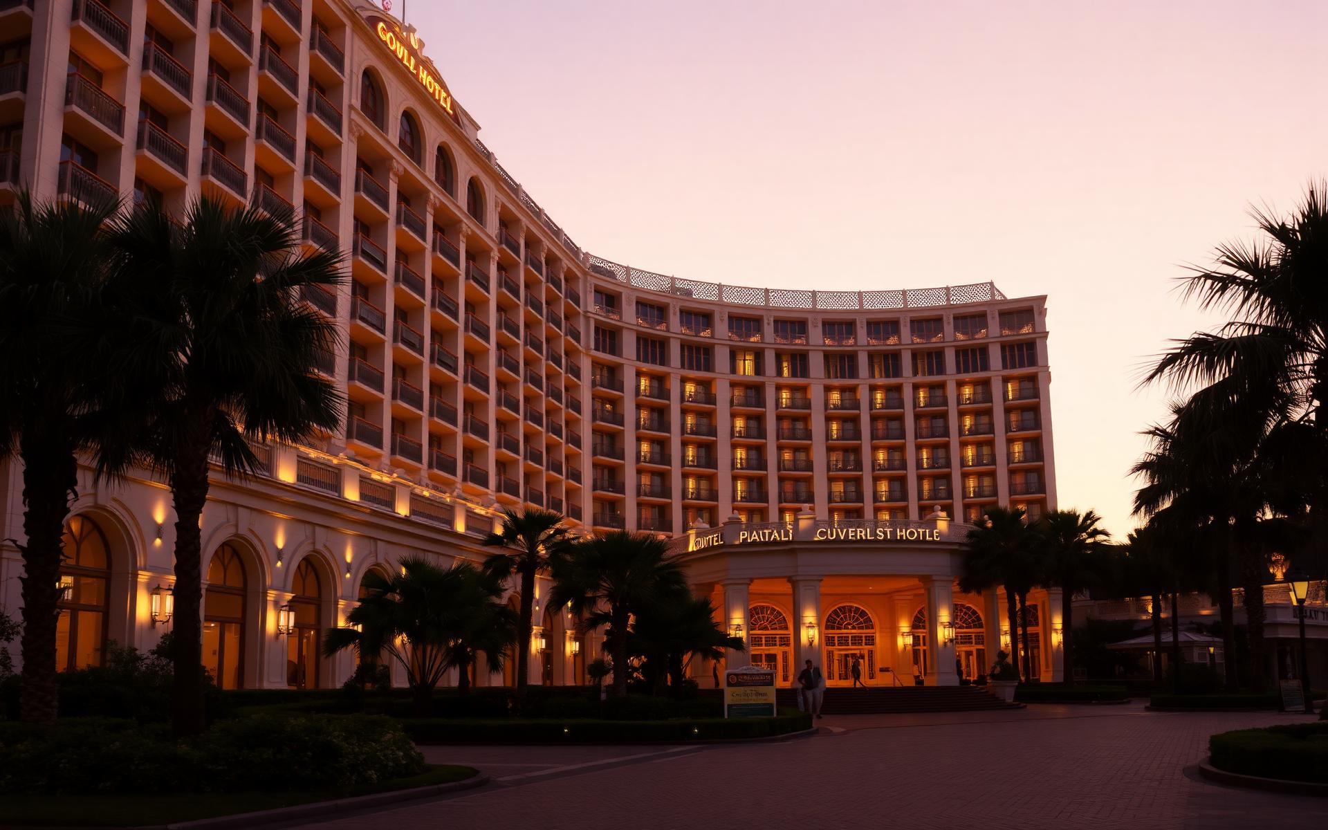 Luxury Suite Hotel exterior at dusk